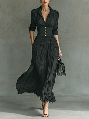 MODESEES Women's Solid Color Pleated Lapel Waist Long Sleeve Maxi Dress